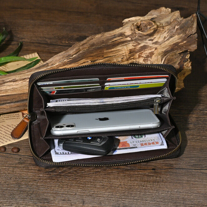 Genuine Leather Carving Crafted Vintage Long Wallet Handheld Bag Clutch Bag Men