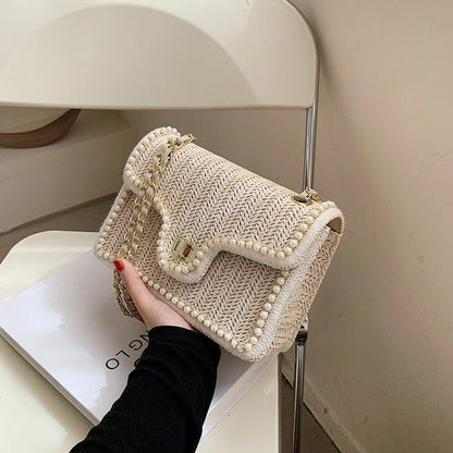 Women Bag Chain Straw Summer Pearl Hand Woven Straw Shoulder Bags Small Square