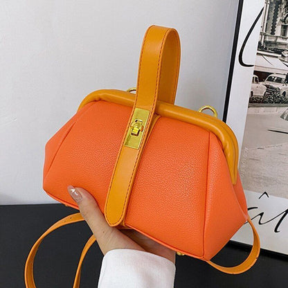 Luxury Orange Synthetic Leather Small Handbag Clutch Silver Clip Bag Gold Blue