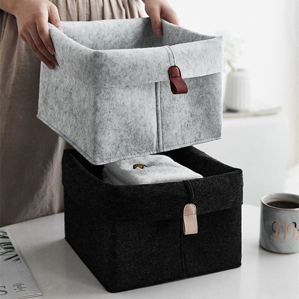 1pc Living Room Tea Table Gray Sundries Storage Basket Cloth Felt Storage Box