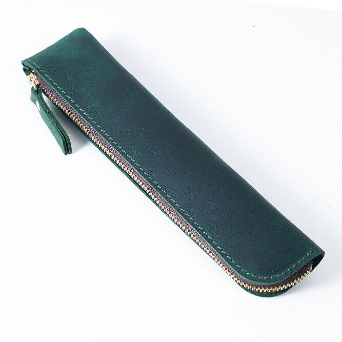 Handmade Cowhide Leather Vintage Zipper Pencil Case mini Pen Bag Pen Accessories