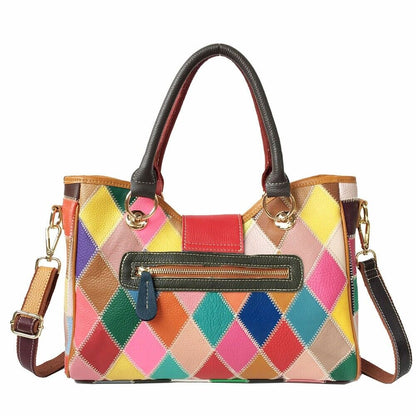 Top Cow Leather Colorful Patchwork Handbags, Desinger Women's Tote Shoulder Bag