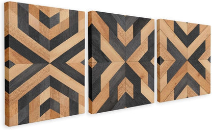 Wall Art Wood Grain Canvas Aztec Boho Framed Home Office Decoration Set of 3