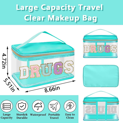 Chenille Letter Patches Clear Makeup Bag Meds Purse Pouch, Select Color
