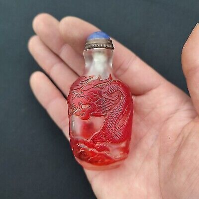 vintage chinese beijing glass snuff bottle red box dragon sculpture statue gift