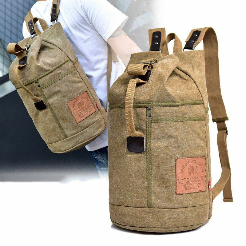 Tactical Bucket Canvas Backpack Letter Bag Outdoor Travel Climbing Round Pack L