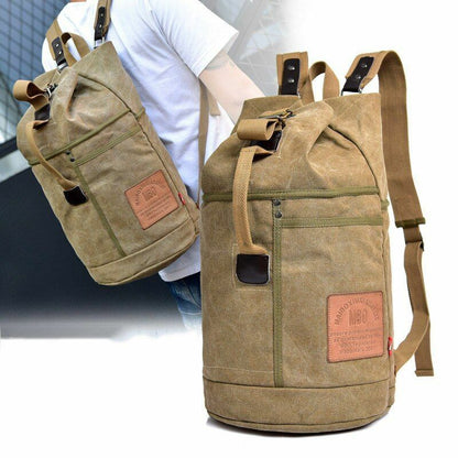 Tactical Bucket Canvas Backpack Letter Bag Outdoor Travel Climbing Round Pack L