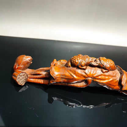 chinese antique Boxwood wooden statue carvings gifts Golden Toad lotus sculpture