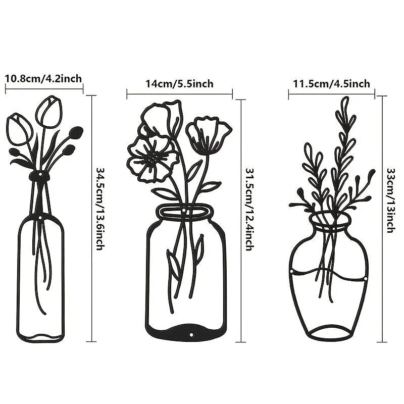 3pcs Metal Flower Wall Decor, Vase Wall Art Tulip Wire Iron Decor, Floral Wall