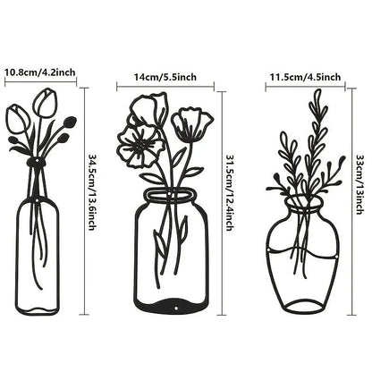 3pcs Metal Flower Wall Decor, Vase Wall Art Tulip Wire Iron Decor, Floral Wall