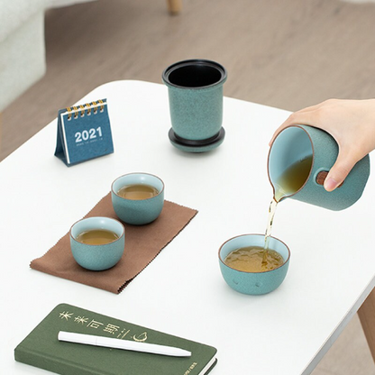 Green Ceramic Tea Cups and Sets Penguin Portable Travel Tea Set