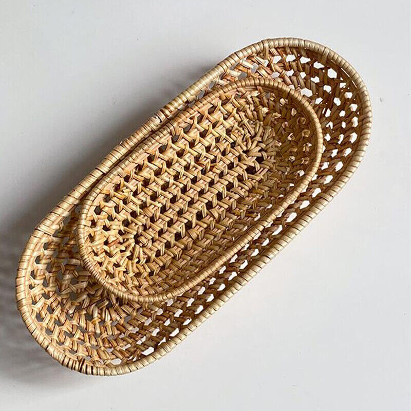 Handwoven Bread Basket Rattan Wicker Storage Tray Tea Drinks Snack Holder NEW