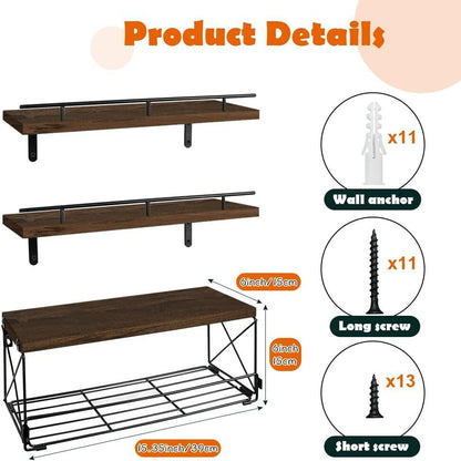 Rustic Wooden Bathroom Floating Shelves with Storage Baskets Wall Mounted (3+1)