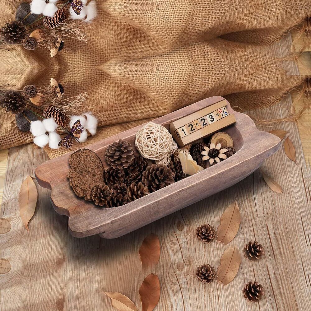 Hand Carved Wooden Dough Bowl Decor with Handles Natural Decorative Farmhouse