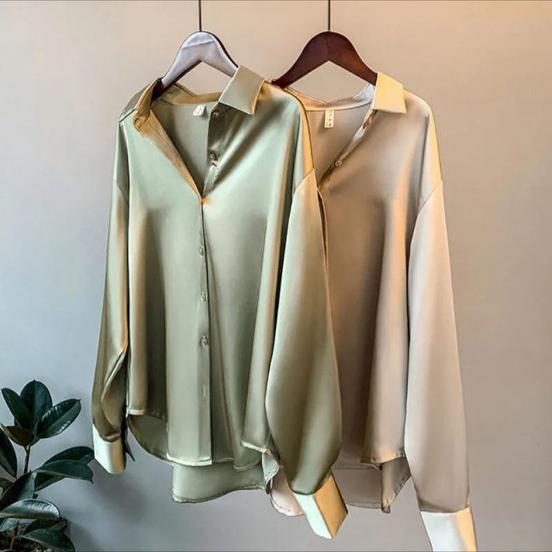 Color Ladies Baggy Solid Button-up Work Tops Blouse Women Long Sleeve Satin Silk