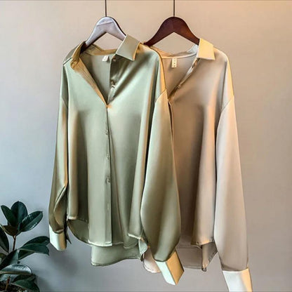 Color Ladies Baggy Solid Button-up Work Tops Blouse Women Long Sleeve Satin Silk