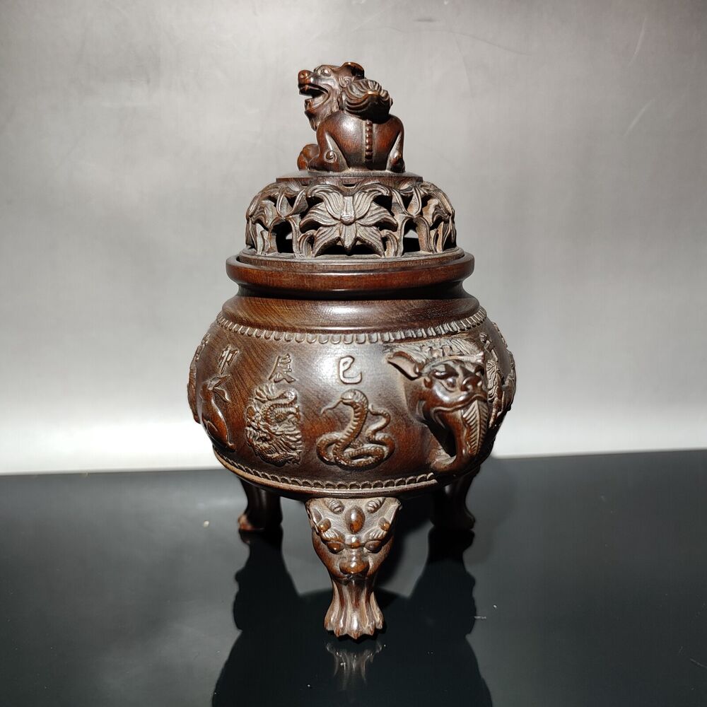 Boxwood Tripod Censer buddha incense holder lion statue Animal figurines antique