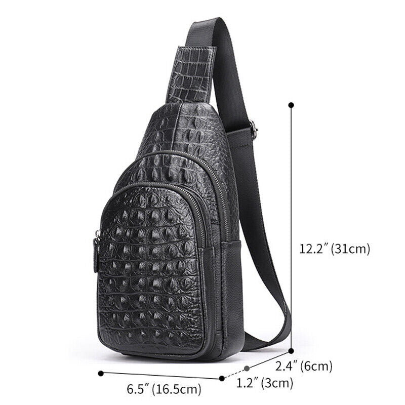 Mens Cow Leather Crocodile Pattern Chest Bag Sling Backpack Crossbody Travel Bag