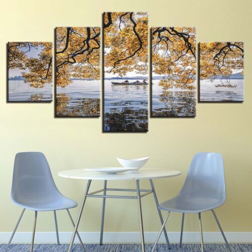 Fall Tree Peaceful Boat Lake 5 Piece Canvas Print Wall Art Home Decor Cuadros