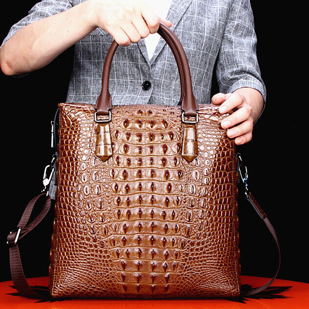 Top Cowhide Leather Crocodile Embossed Handbag Men Luxury Business 12" Briefcase