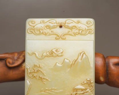 Chinese Natural Hetian Jade Carving Landscape Statues Exquisite Pendant Jewelry
