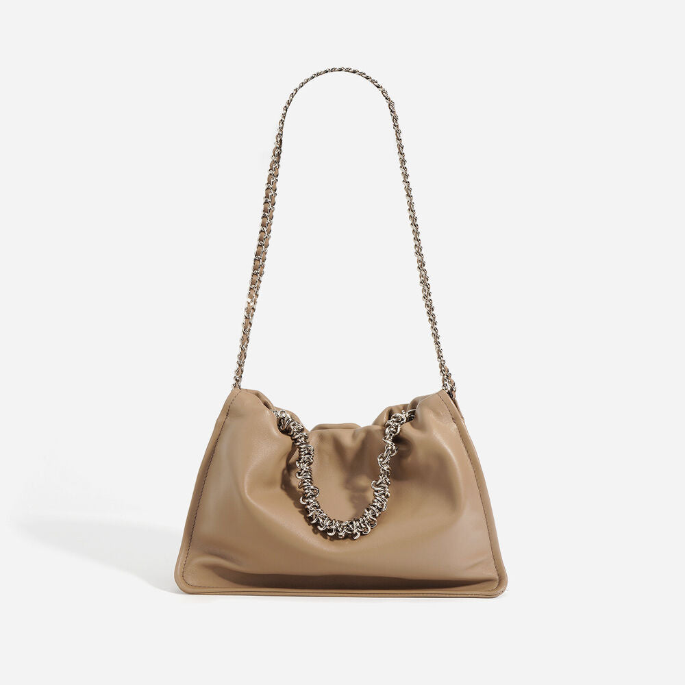 Ruched Real Leather Clutch Purse Pouch Tote Shoulder Bag Crossbody w/ Chains