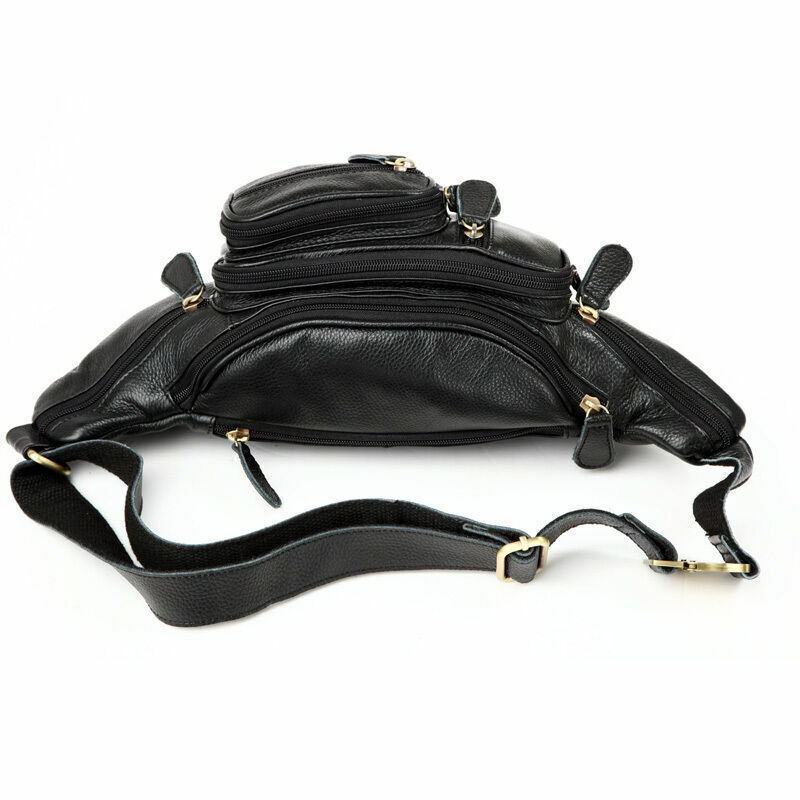 Cross-body Bag Cowhide Leather Black Fanny Pack Durable Men waist Bag Running
