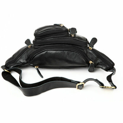Cross-body Bag Cowhide Leather Black Fanny Pack Durable Men waist Bag Running