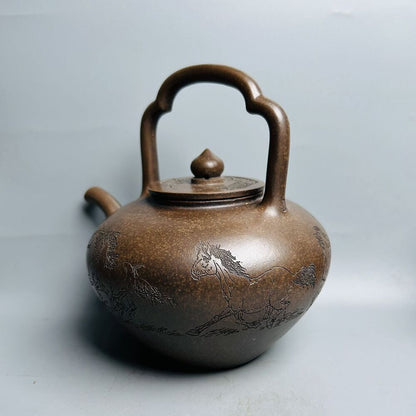 Vintage Chinese Yixing Purple Clay Teapot Zisha Ceramic Carving Horse Teaware