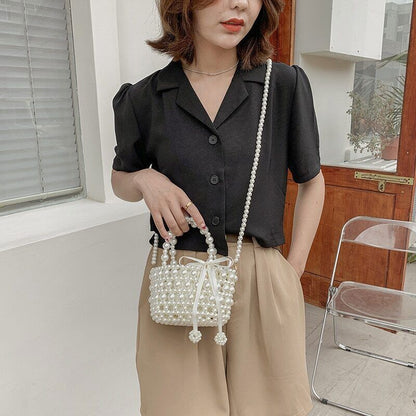 Pearl Woven Handbag Chain Shoulder Bags Women Travel Crossbody Bag