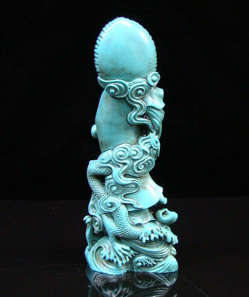 Chinese Turquoise Handmade Carved Statue Kwan-yin Dragon RuYi Exquisite