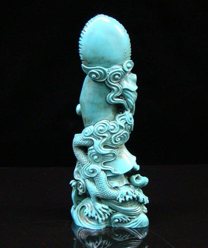 Chinese Turquoise Handmade Carved Statue Kwan-yin Dragon RuYi Exquisite
