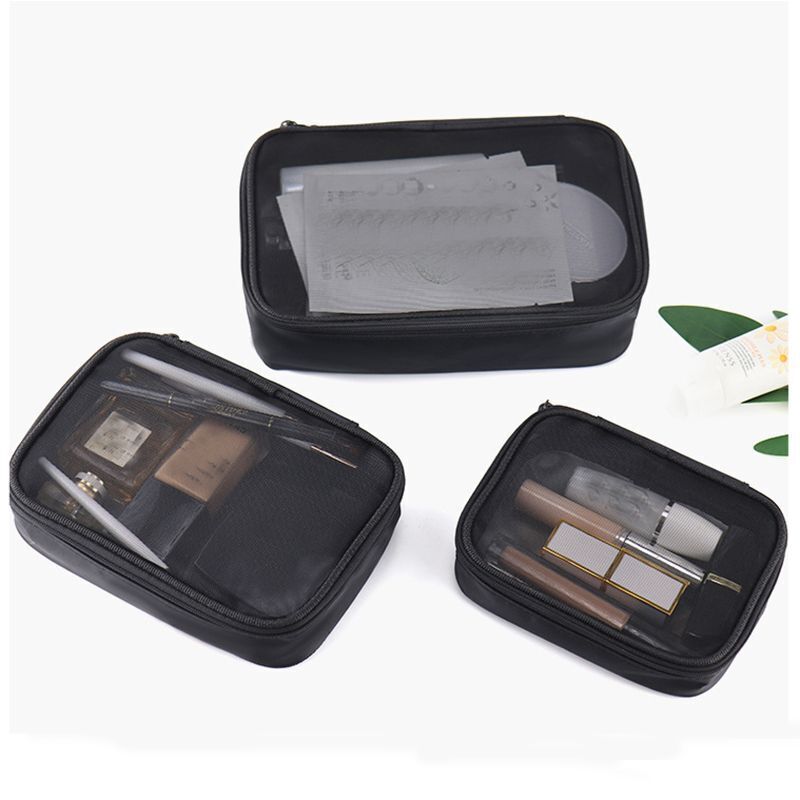 Black Mesh Cosmetic Bag Travel Toiletry Kit Transparent Makeup Organizer Pouch