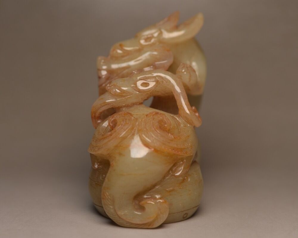 Chinese Antique Natural Hetian Jade Carved Dragon Phoenix 龙凤呈祥 Statue Figurines