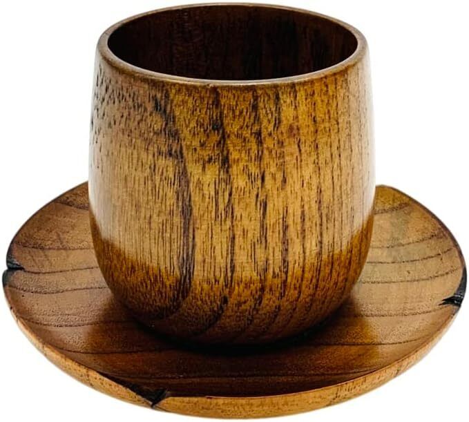 Japanese Wooden Teacups with Saucers Zen Inspired Kitchen Decoration Gift 2 Pcs