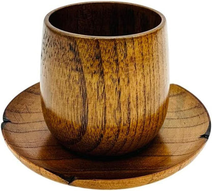 Japanese Wooden Teacups with Saucers Zen Inspired Kitchen Decoration Gift 2 Pcs