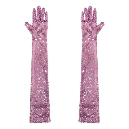 Women Gloves Vintage Shiny Sequin Finger Elbow Length Long Mittens Opera Costume