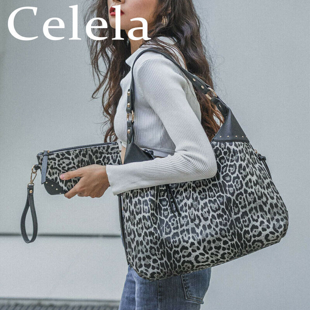 Celela Women Concealed Carry Handbag Pattern Studs Hobo Shoulder Bag W/ Purse