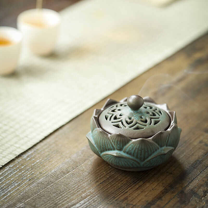 Chinese Retro Hollowed Out Lotus Green Pottery Plate Incense Burner Sandalwood