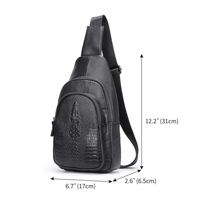 Mens Cow Leather Crocodile Pattern Chest Bag Sling Backpack Crossbody Travel Bag