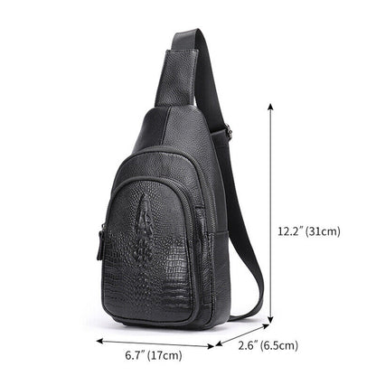 Mens Cow Leather Crocodile Pattern Chest Bag Sling Backpack Crossbody Travel Bag