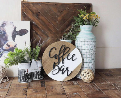 Wooden Coffee Bar Decor Round Rustic Farmhouse Wall Sign Decoration Gift (Brown)