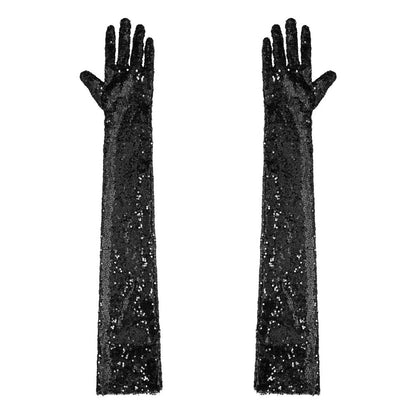 Women Gloves Vintage Shiny Sequin Finger Elbow Length Long Mittens Opera Costume