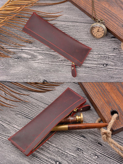 Handmade Cowhide Leather Pen Bag Zipper Pencil Case Vintage Stationery Storage