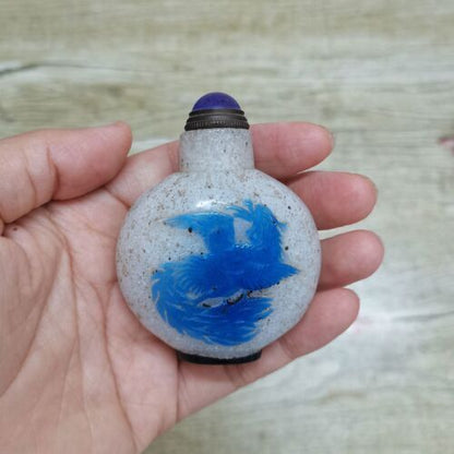 Chinese Old Beijing Glaze Carved Phoenix And Peach Snuff Bottle Collectibles Art