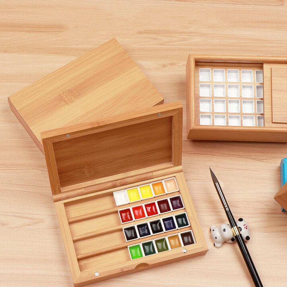 Watercolor Paint Box 24-36Cells Wooden Empty Push-Pull Flip Painting Palette Kit