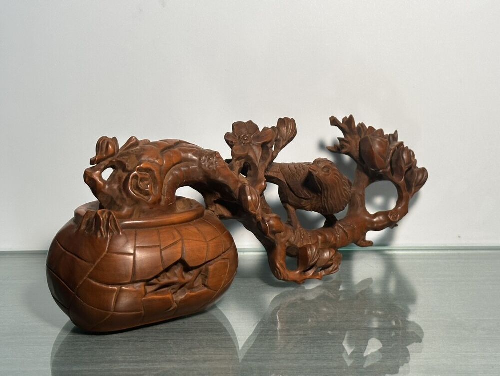 Chinese Natural Boxwood Carving Flower Bird Statue Woodwork Sculpture Decoration