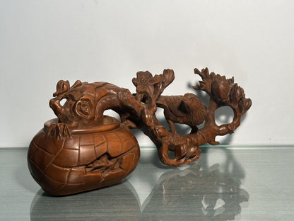Chinese Natural Boxwood Carving Flower Bird Statue Woodwork Sculpture Decoration