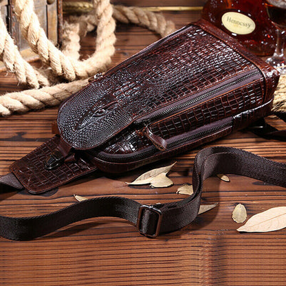 100% Genuine Leather Crocodile Pattern Crossbody Bag Sling Backpack for Hiking
