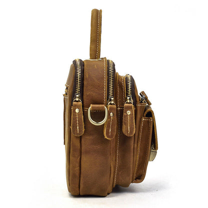 Men Crazy Horse Leather 8" Sling Shoulder Bag Multifunctional handbag Waist Pack